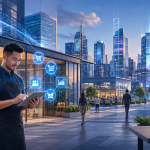 Wide hero banner showing a futuristic digital cityscape with AI and technology elements, highlighting SMB owners interacting with AI-powered tools, vibrant colors, modern and sleek design, suitable for 1300x450 pixels