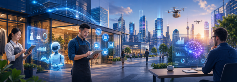 Wide hero banner showing a futuristic digital cityscape with AI and technology elements, highlighting SMB owners interacting with AI-powered tools, vibrant colors, modern and sleek design, suitable for 1300x450 pixels