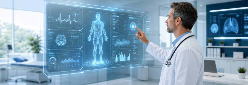 A wide hero banner showing a modern clinic environment with a doctor interacting with an AI-powered digital interface displaying patient data and analytics, futuristic technology elements blending with healthcare setting, in bright and clean colors, suitable for 1300x450 dimensions