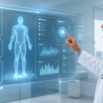 A wide hero banner showing a modern clinic environment with a doctor interacting with an AI-powered digital interface displaying patient data and analytics, futuristic technology elements blending with healthcare setting, in bright and clean colors, suitable for 1300x450 dimensions