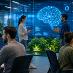 Wide hero banner of a modern SaaS office environment with diverse professionals collaborating on AI and software development, futuristic digital interfaces displaying AI algorithms and SaaS dashboards, vibrant blue and green tones, 1300x450