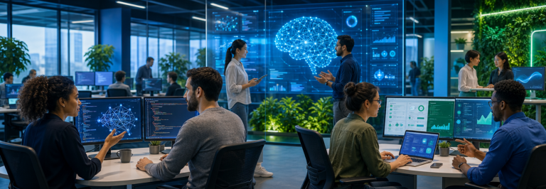Wide hero banner of a modern SaaS office environment with diverse professionals collaborating on AI and software development, futuristic digital interfaces displaying AI algorithms and SaaS dashboards, vibrant blue and green tones, 1300x450