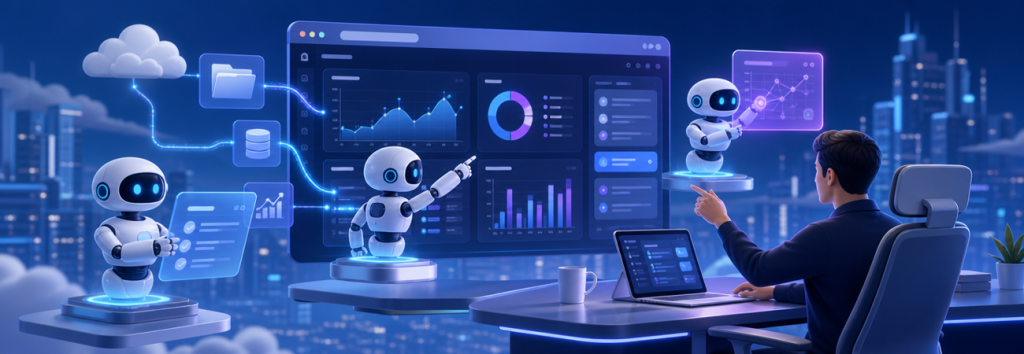 A wide hero banner illustrating futuristic AI-powered SaaS software in action, with digital agents interacting autonomously within cloud-based platforms, vibrant tech colors, and a sleek modern interface, suitable for 1300x450 resolution.