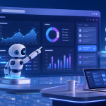 A wide hero banner illustrating futuristic AI-powered SaaS software in action, with digital agents interacting autonomously within cloud-based platforms, vibrant tech colors, and a sleek modern interface, suitable for 1300x450 resolution.