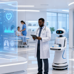 Wide hero banner showing a modern clinic environment with healthcare professionals interacting with AI-powered digital interfaces and robotic assistants, symbolizing safe and efficient healthcare AI workflow automation, bright and clean design, 1300x450