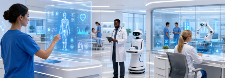 Wide hero banner showing a modern clinic environment with healthcare professionals interacting with AI-powered digital interfaces and robotic assistants, symbolizing safe and efficient healthcare AI workflow automation, bright and clean design, 1300x450